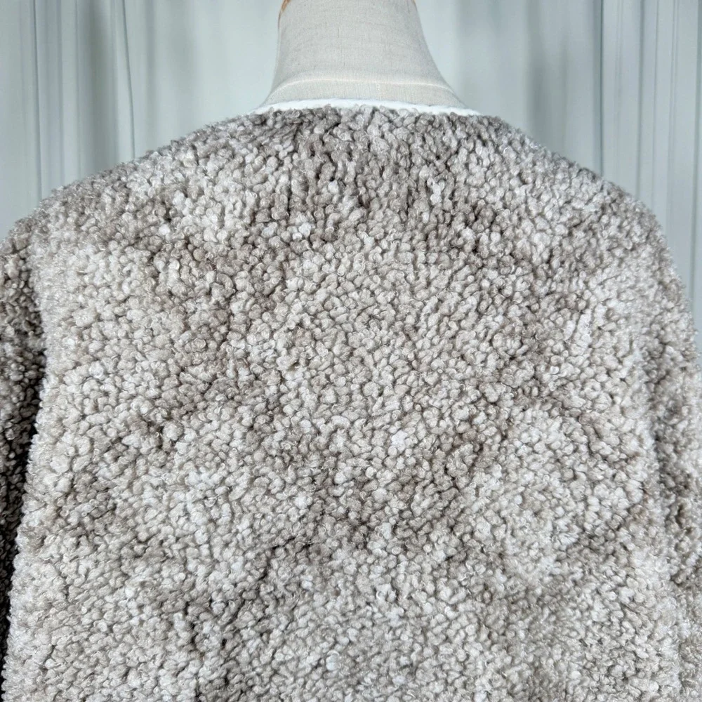 Lucky Brand Faux Shearling Jacket Neutral Multi Taupe Quilted Trim Button L